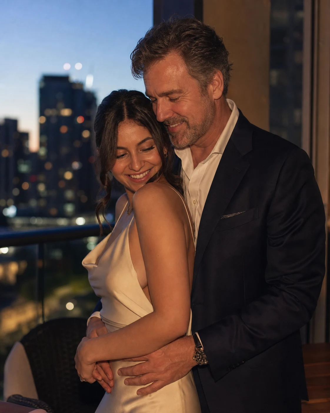 Canadian couple sharing a warm embrace after an elegant evening out